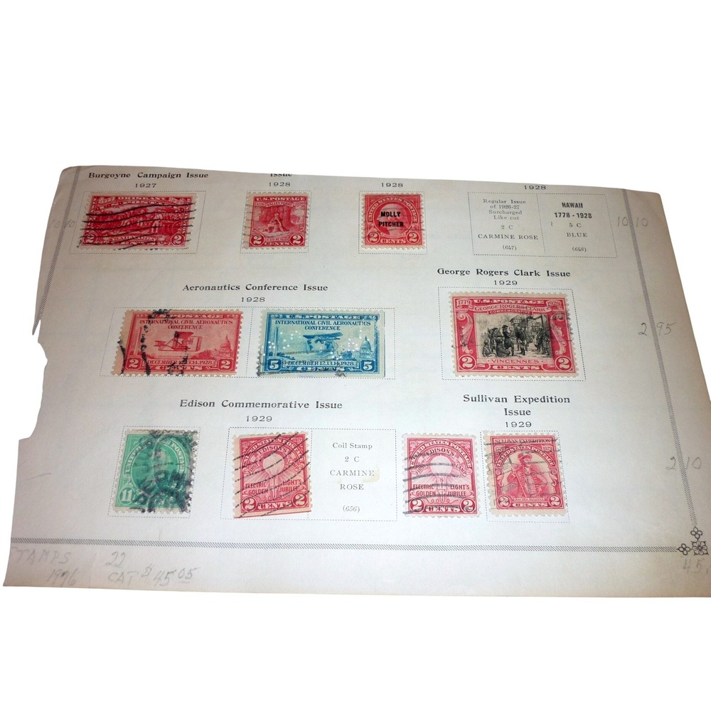 Vintage 1927-1929 US Commemorative Stamp Collection Album Page Lot 9 Stamps